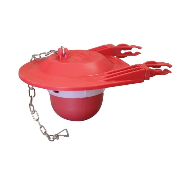 Korky Premium Large 3-Inch Universal Rubber Toilet Flapper with a red flexible rubber seal, round base, two clip arms, and attached metal chain, designed for easy installation in large 3-inch toilet tanks to control water flow and resist chlorine and bacteria.