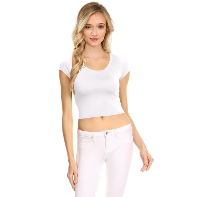 NYL Womens Basic Short Sleeve Scoop Neck Crop Top - USA, Medium, White
