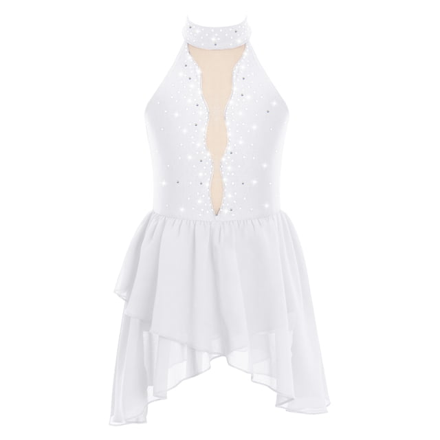 RUNQHUI Robe de Danse Lyrique pour Filles Enfants Sans Manches Dos Nu Justaucorps Brillant avec Strass Blanc 16