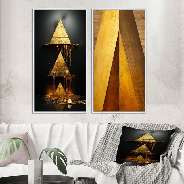 Designart « Prospérité Ascendante Rétro Or Abstrait I » Peinture Abstraite Ensemble d'Art Mural Encadré de 2 - Ensemble d'Art Mural Moderne Encadré Or de 2