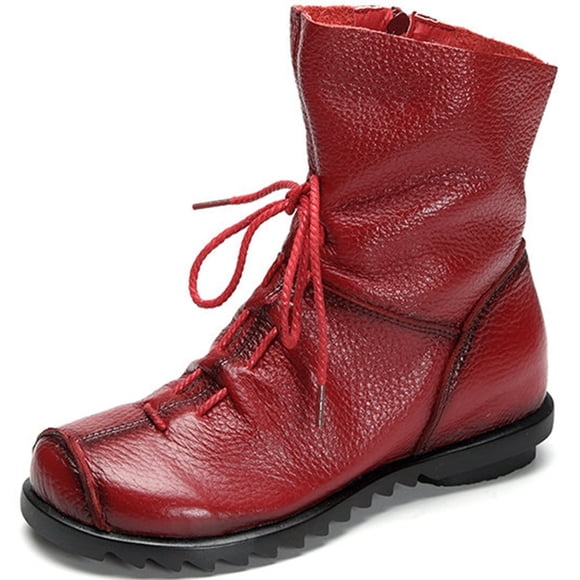 Clarsunny Women's Genuine Leather Casual Soft Flat Boots (8.5, Red)