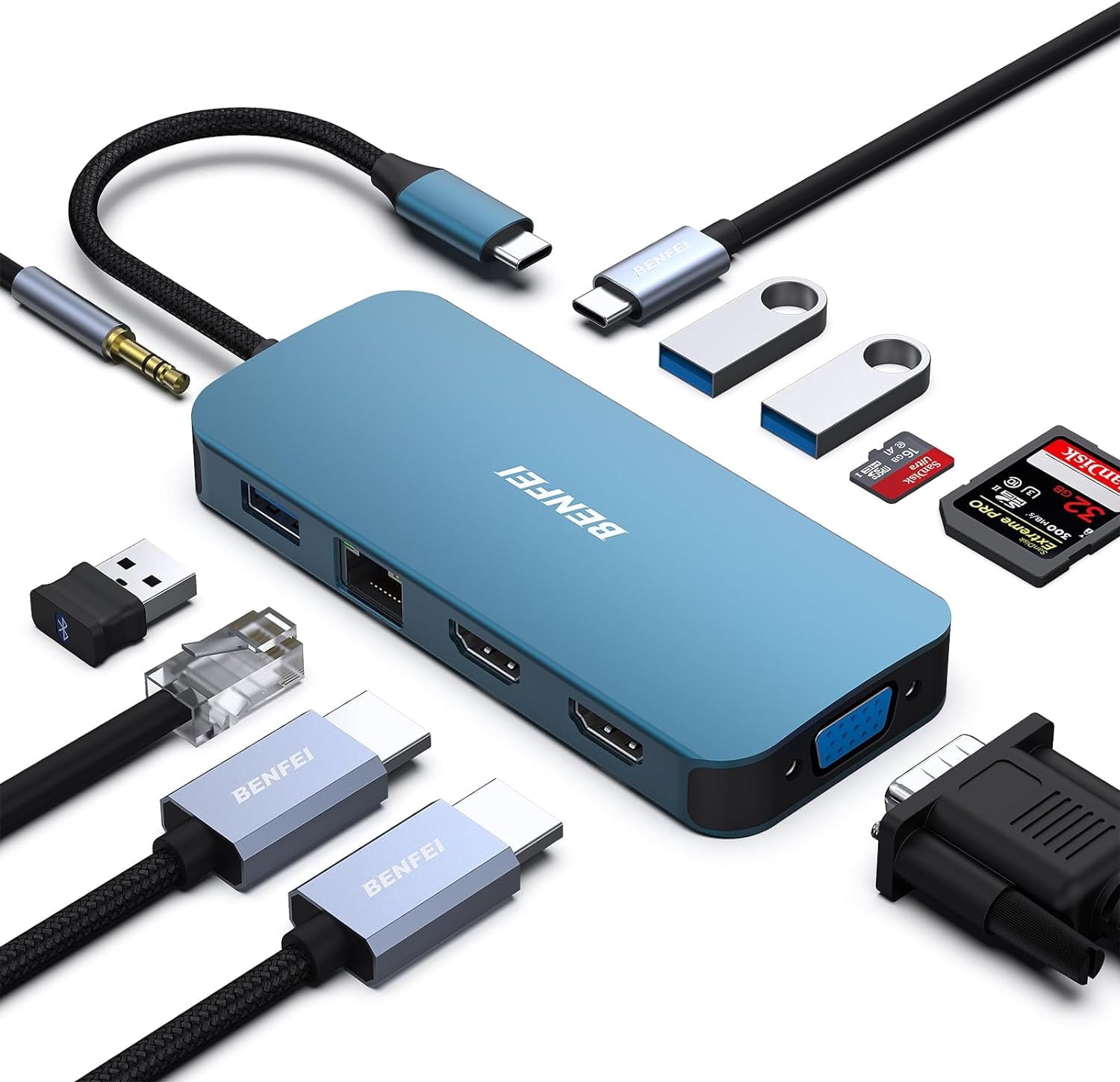 BENFEI Station d'accueil USB C 11-en-1, triple affichage, double HDMI, VGA, 3*USB 3.0, Ethernet 1Gbps, alimentation 100W, lecteur de carte SD/TF, audio AUX 3,5 mm