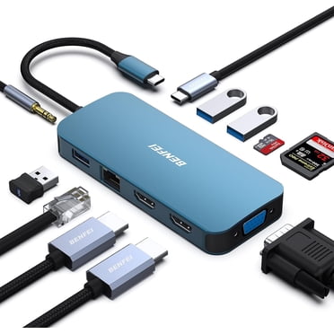 BENFEI Station d'Accueil Hub USB-C 11-en-1 à Triple Affichage Double HDMI, VGA, 3*USB 3.0, Ethernet 1Gbps, Alimentation 100W, Lecteur de Carte SD/TF, Audio AUX 3,5 mm