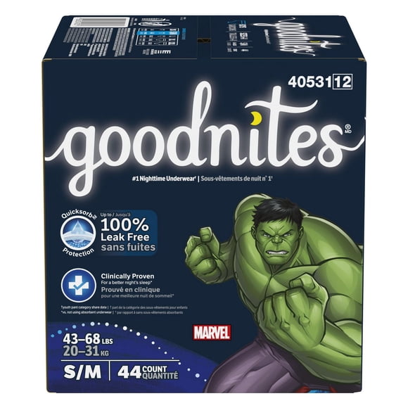 Sous-vêtements de nuit Goodnites pour garçons, taille P/M (20 à 31 kg, [43 à 68 lb]), 44 sous-vêtements
