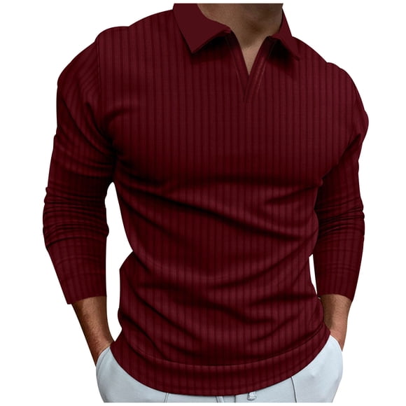 LNWUY Mens Solid Color V Neck Shirts Casual Long Sleeve Slim Fit Golf T-Shirts Soft Breathable Comfortable Cotton Top Tees Red S