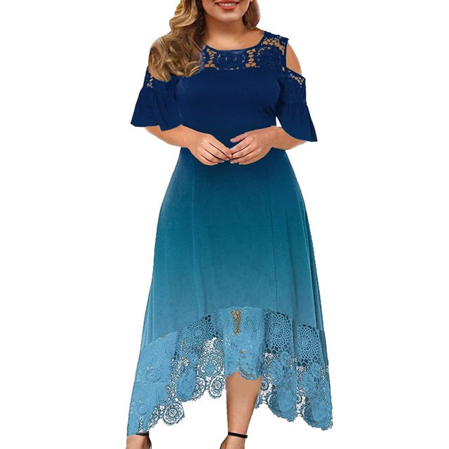 CHUANK Summer Plus Size Maxi Dresses For Wedding Guest Lace Stitching Dress Cold Shoulder Long Dresses Short Sleeve