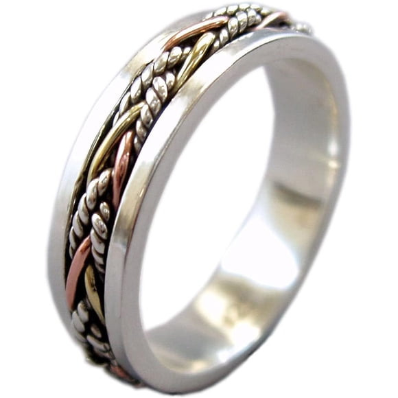 Energy Stone Twine 5.5 mm Narrow Band Tri-Color Sterling Silver Meditation Spinner Ring (Style US40) (9.5)