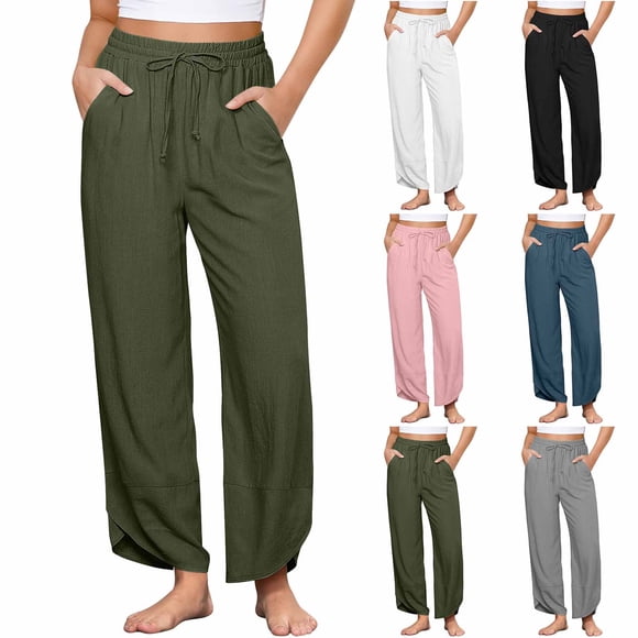 QATAINLAV Linen Pants for Women High Waisted Wide Leg Beach Pants Casual Pull On Drawstring Elastic Waist Lounge Trousers with Pockets Navy M