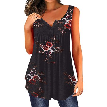 RKSTN Hauts Décontractés pour Femmes Grande Taille Col en V Imprimé Fleurs Boutons Sans Manches T-Shirt Blouse