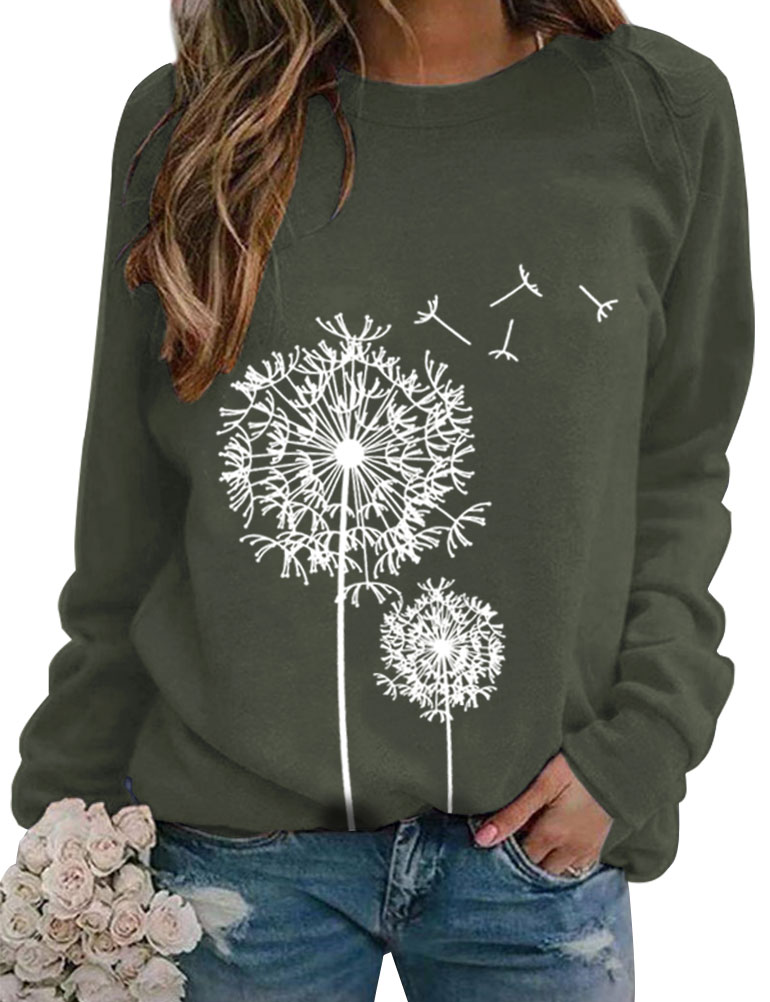 ZXZY Women Dandelion Graphic Print Round Neck Long Sleeve Pullover