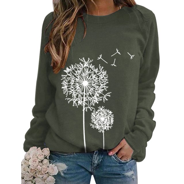 ZXZY Women Dandelion Graphic Print Round Neck Long Sleeve Pullover