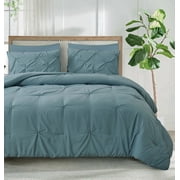 Marina Decoration Home Decor Bedding Pintuck Comforters Soft Fluffy Goose Down Alternative Solid Geometric Boho Tufted Pinch Pleated 3 Piece Comforter Set with Ruffled Shams, Blue Color King Size