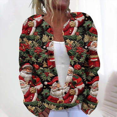 Jsaierl Ugly Christmas Sweater for Women Funny Cute Santa Print Cardigans Button Down Open Front Sweaters Fall Winter Knitted Outwear Coat