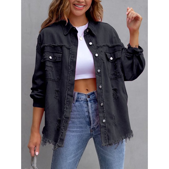 SEARIPE Women‘s Casual Denim Jacket Frayed Hem Ripped Long Sleeve Jean Jacket With Pockets Pink M