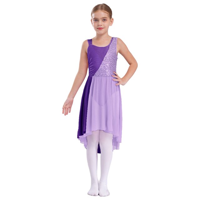 RUNQHUI Filles Enfants Sans Manches Ballet Lyrique Danse Contemporaine Moderne Costumes Robe Asymétrique en Maille Lavande 16