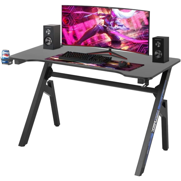 FDW Bureau de Jeu 47 Pouces PC Table en Fibre de Carbone Poste de Travail Ultime pour Gamer avec Porte-Gobelet et Crochet pour Écouteurs pour Bureau à Domicile, Bleu