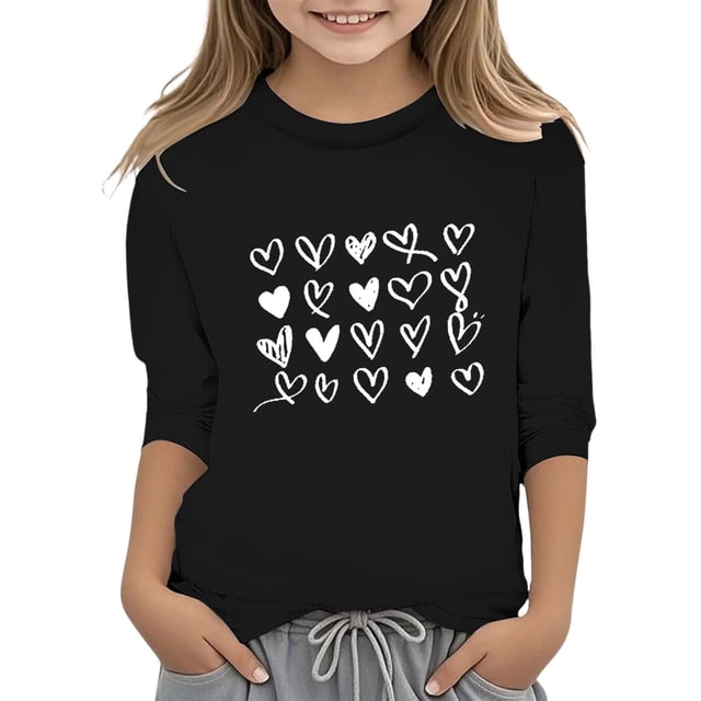 PMVFHDE Combinaisons Filles Hauts T-Shirt Fille T-Shirts Filles T-Shirts pour Fille T-Shirts Graphiques T-Shirts pour Fille Graphique T-Shirts de la Saint-Valentin pour Filles Imprimé Col Rond Fonctionnel Manches 3/4 T Noir,11-12 Ans