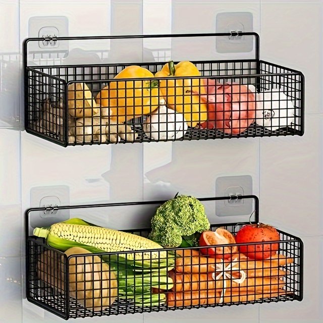 1pc Large Storage Iron Basket With 2 Traceless Hooks - Wall-mounted Storage Basket,