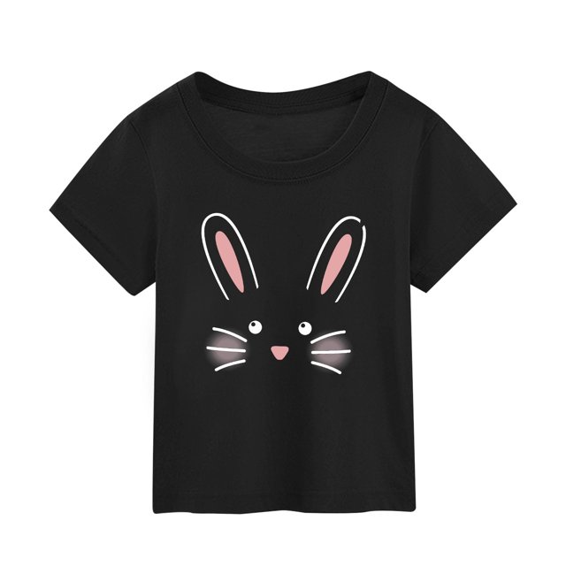 PMVFHDE T-Shirt Graphique à Manches Courtes Imprimé Lapin de Pâques pour Enfants, Col Rond, Décontracté, Printemps Été, Noir, 2-3 Ans