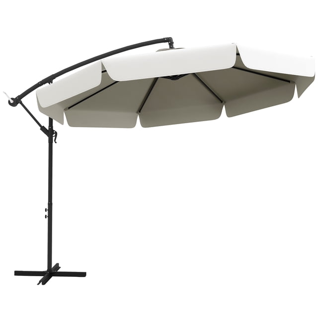 Outsunny 11FT Offset Hanging Patio Umbrella for Backyard in cream white. This outdoor umbrella features a steel pole with 8 ribs for sturdy support and a polyester canopy with a top vent for airflow. The overhanging design provides shade without a central pole, ideal for large tables or seating areas. Includes a crank lifting system for easy opening and closing, and a cross base for stability. Additional weights required.