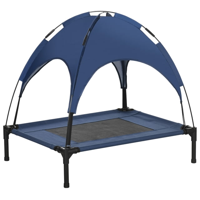 PawHut Elevated Cooling Pet Bed with Canopy for Medium-Sized Dogs in dark blue. Elevated dog bed with breathable mesh fabric for airflow and a canopy shade for sun protection. Built with a powder-coated steel frame and non-slip feet for stability. Suitable for dogs up to 44 lbs. Includes a travel bag for easy transport.
