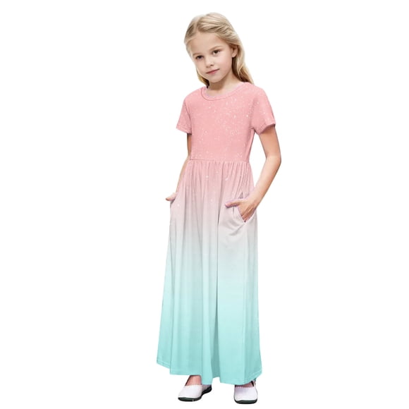 LOVZFMLL Toddler Kids Cute Sparkling Print Short Sleeve Stretchy Pocket Dress A Line Long Dress