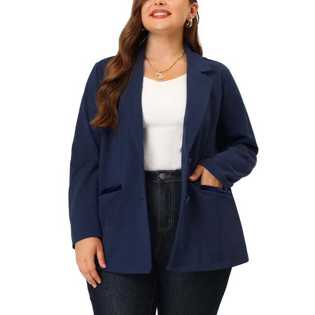 GRACE & GRANDEUR Women's Plus Size Fall Workwear Notched Lapel Button Down Office Blazer in 3X Navy Blue. The blazer features a regular fit with a notched lapel, button-down front, and long sleeves. It includes front besom pockets and is made from a stretchy, comfortable fabric blend of 95% polyester and 5% spandex. Styled with a white top and dark jeans, this lightweight blazer is ideal for professional and casual settings.