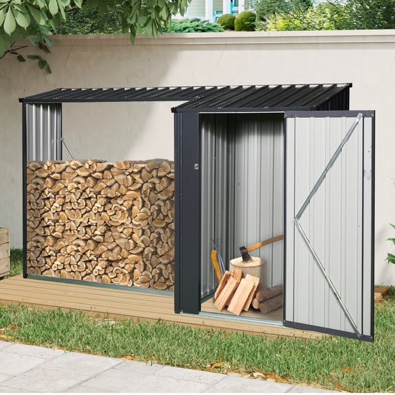 Outdoor Steel Firewood Rack and Metal Storage Shed,Two-In-One,Black (updated version)
