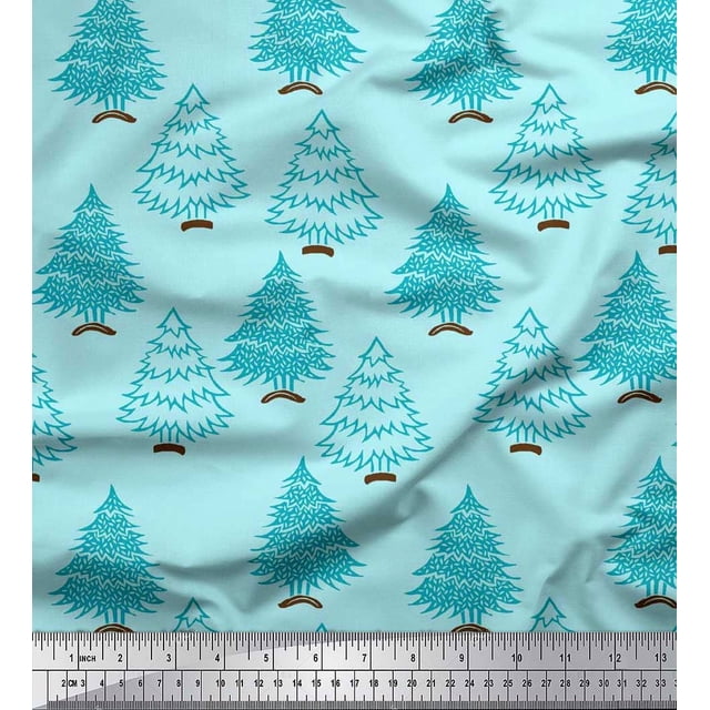 Soimoi Poly Georgette Fabric Christmas Tree Block Printed Fabric 1 Yard 52 Inch Wide