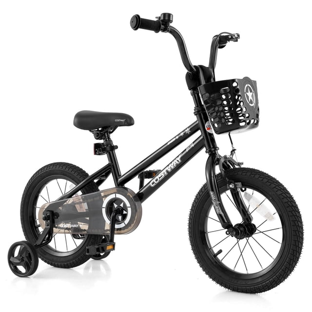 Costway Vélo pour Enfant de 14 Pouces avec Roues Stabilisatrices en Noir, Doté d'Un Guidon et d'Un Siège Ajustables, d'Un Système de Freinage Double avec Frein à Main et Frein à Rétropédalage, et d'Un Panier avant pour le Rangement. le Vélo Comprend des Roues Stabilisatrices Détachables, un Siège Ergonomique et des Réflecteurs avant et Arrière pour la Sécurité. Idéal pour les Enfants de 3 à 5 Ans, Ce Vélo d'Entraînement pour Enfants Ajustable a un Cadre Métallique Robuste et des Pneus Absorbant les Chocs pour une Conduite Fluide.