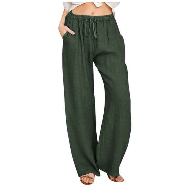 Timegard Cotton Linen Pants for Women Drawstring Elastic Waist Wide Leg Pants Lightweight Trousers with Pockets