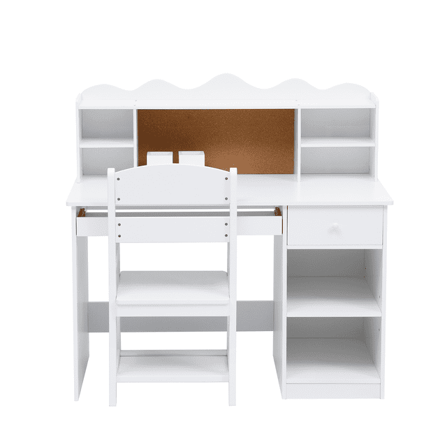 Kids Study Desk and Chair Set, White Kids Study Table and Adjustable Chair Set with Hutch, Cork Board, Keyboard Tray, 2 Pen Holders, Children School Table Student Desk Computer Desk