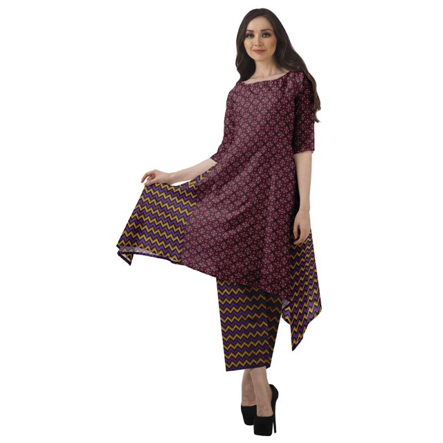 Moomaya Ensemble Kurti Kurta Pantalon pour Femmes Col Bateau Imprimé Robe 2 Pcs Tenue Ethnique