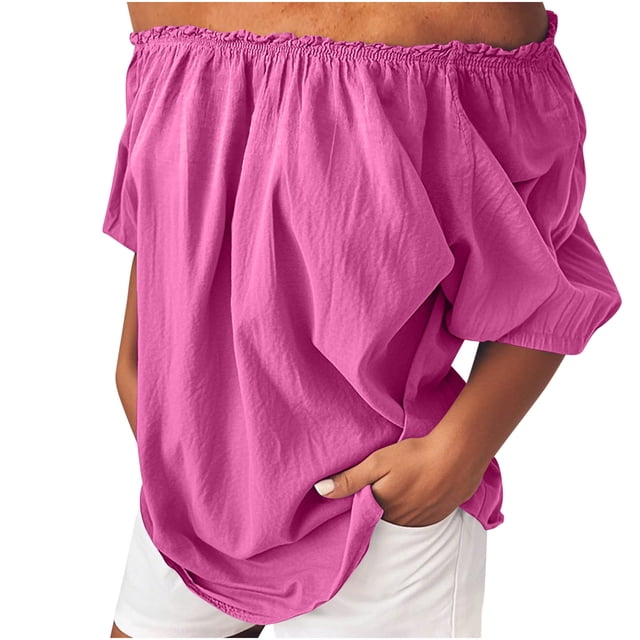 Women's Off Shoulder Top Ruffle Short Sleeve Cotton Linen Blouse Summer Casual Loose Shirts