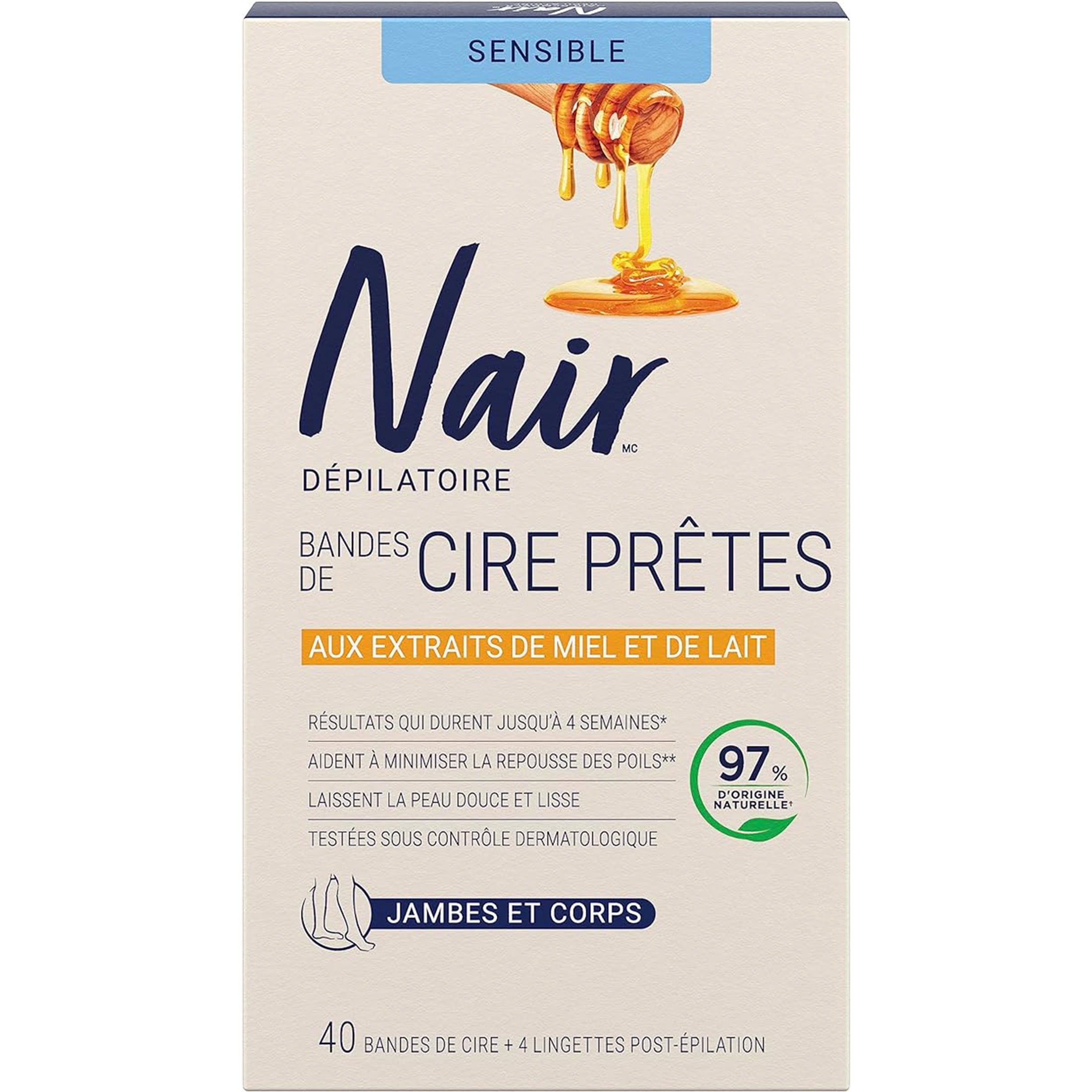 Nair Lot de 40 bandes de cire pour jambes et corps au lait et au miel + 4 lingettes de finition
