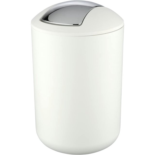 Bathroom Trash Can, Small Bathroom Trash Can with a swing lid, 6.5L capacity, made of unbreakable plastic. Features a classic white cylindrical design with a chrome-finished swing lid, suitable for bathrooms or general household use.