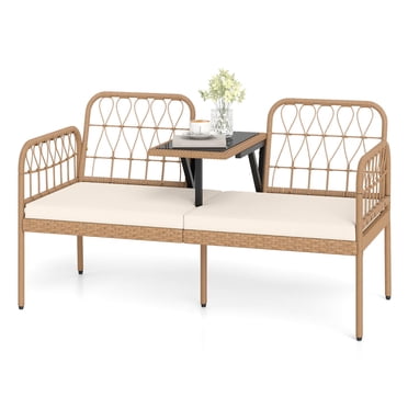 Costway Causeuse d'Extérieur en Rotin PE avec Table Basse Intégrée et Coussins Doux pour Pelouse