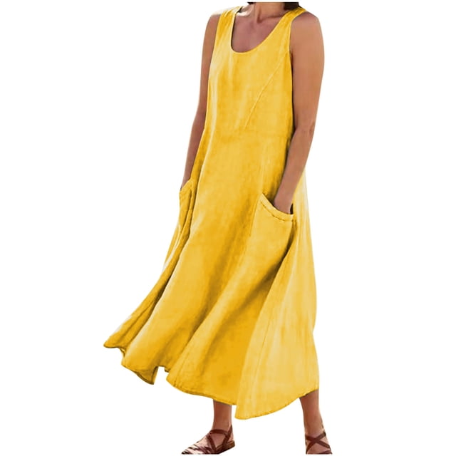 Staron Robes d'Été pour Femmes en Coton et Lin Grande Taille Sans Manches Longue Robe Jaune, Présentant un design Fluide et Ample avec un Col Ras du Cou et des Poches. Cette Robe Élégante et Confortable Est Parfaite pour le Printemps, les Tenues Décontractées, les Fêtes Ou les Vacances. Taille TTTG.
