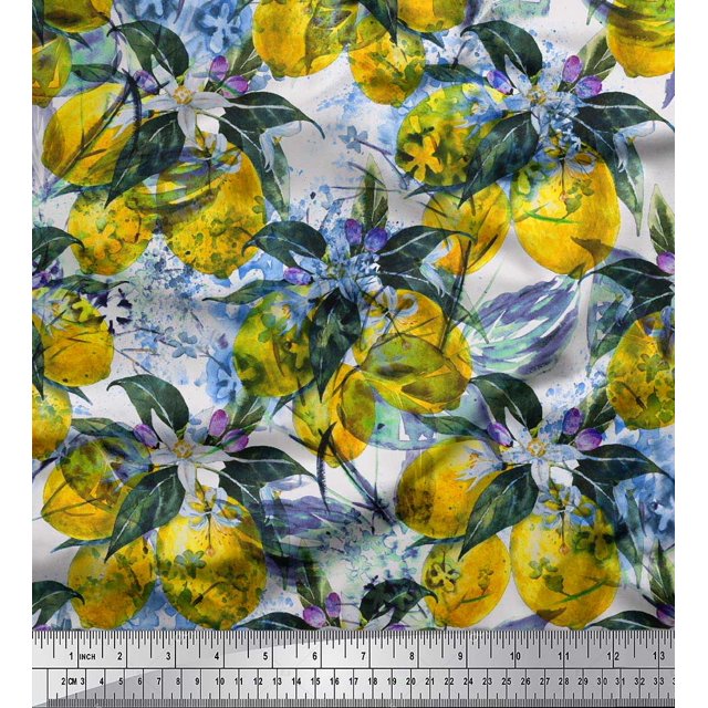 Soimoi Rayon Crepe Fabric Leaves & Lemon Vegetable Print Fabric by Yard 46 Inch Wide