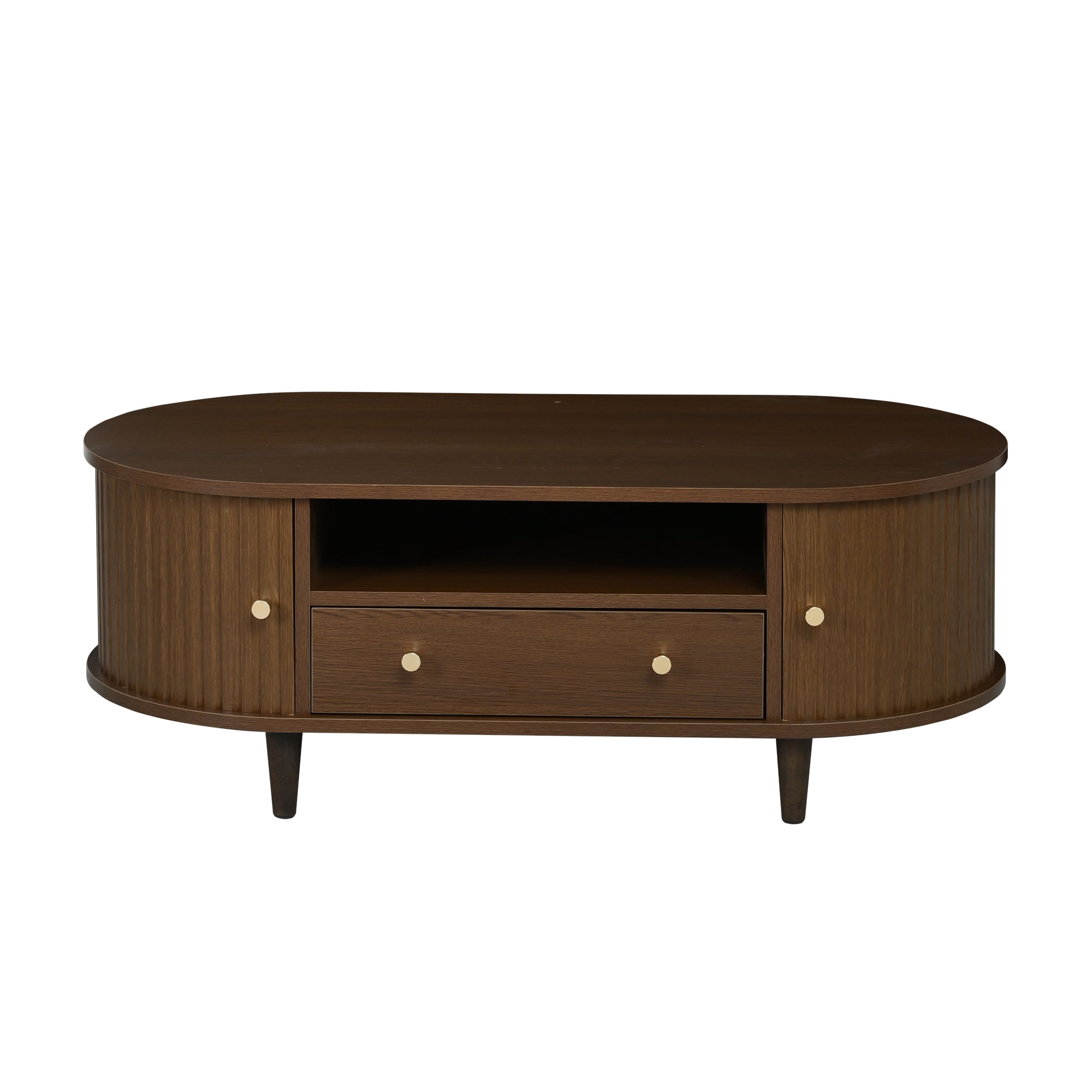 Homy Casa table basse ovale noyer avec tiroir, tablette ouverte et portes tambour pour le salon