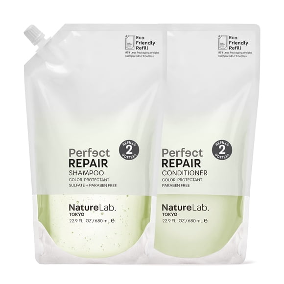NATURELAB. TOKYO Perfect Repair Shampoo & Conditioner: Eco-Friendly Refill Pouch Duo: Replenish and Restore Damaged, Color Treated Hair and Strengthe