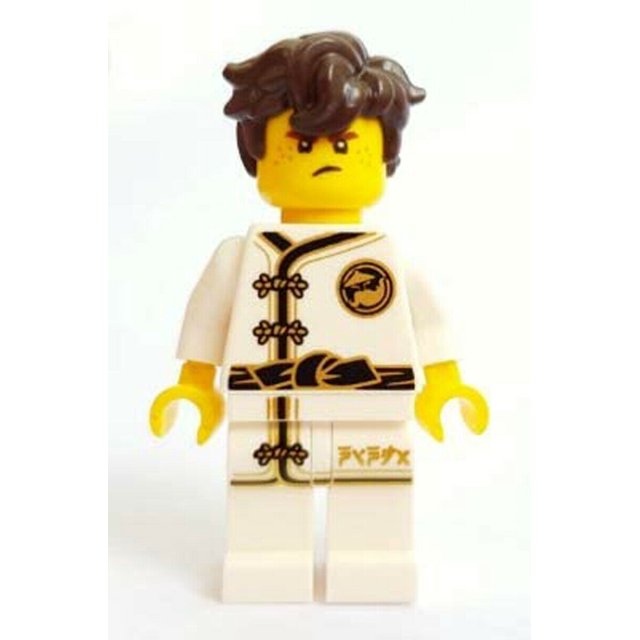 LEGO Ninjago Jay White Kimono with Morning Star Flashes Limited Edition collectible action figure. The figure is less than 2 inches tall, showcasing a white kimono with intricate black and gold detailing, including a belt and emblem. The character has yellow skin, a stern expression, and brown tousled hair.