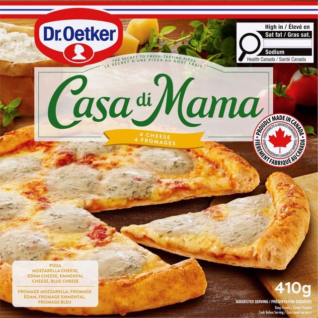 Dr. Oetker Casa Di Mama 4 Cheese Pizza featuring a golden crust topped with melted mozzarella, Edam, Emmental, and blue cheese over tomato pizzeria sauce on a wooden surface, weighing 410g and made in Canada, suitable for quick homemade meals.