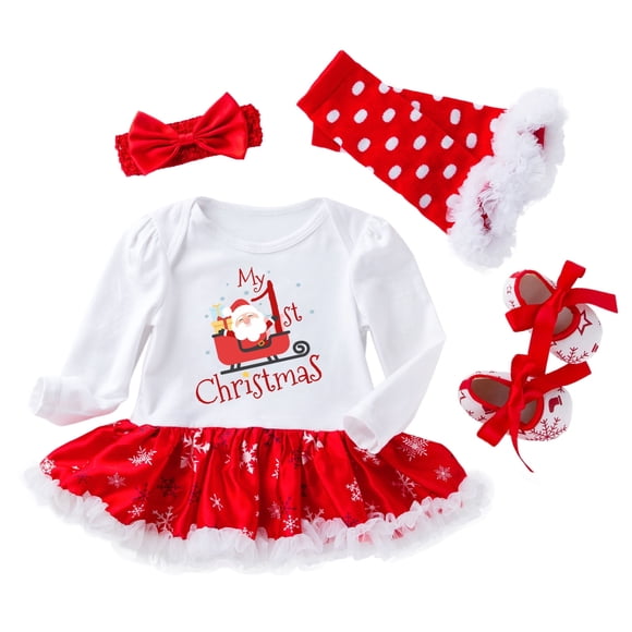 Zwiiyzr My First Christmas Outfit Newborn Infant Toddler Baby Girls Baby'S Bodysuit Long Sleeve Romper Princess Letter Tutu Dress Four Piece Set Clothes Outfits Baby Winter Clothes Red
