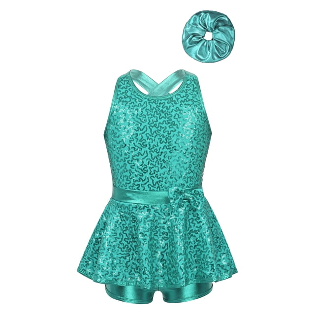 Riismen Robe Justaucorps Sans Manches à Paillettes Brillantes pour Filles Enfants Costume de Danse Latin Jazz Salsa Samba Rumba Vert Lac 12