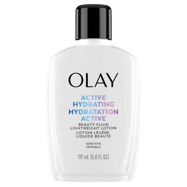 Olay Moisturizing Face Lotion for Sensitive Skin in a white 177 mL (6.0 fl oz) bottle with black cap, featuring Active Hydrating Beauty Fluid lightweight, non-greasy lotion that soothes and replenishes sensitive skin with lasting hydration.