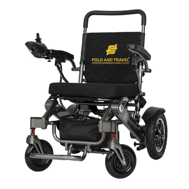 Fold And Travel Premium Lightweight Folding Electric Wheelchair Power Wheel Chair with black quilted seat and back cushions, anti-tipper wheels, and detachable joystick controller. Features Bluetooth remote control, auto folding functionality, and puncture-free rear wheels for all-terrain mobility. Ideal for users up to 330 lbs, offering a range of 15 miles per charge. Suitable for mobility aids and travel use.
