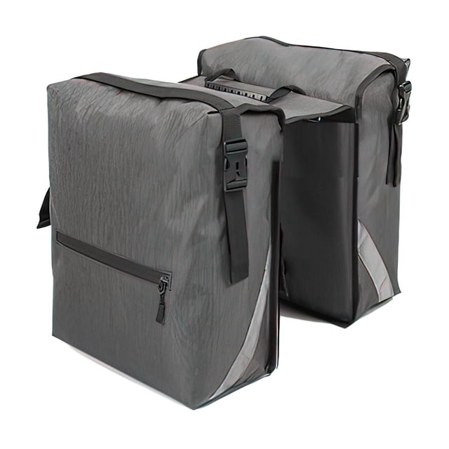 GoTyger Water Resistant Bike Saddle Bag in grey, shown at a 3/4 angle, featuring two large rectangular compartments connected by a central panel, made from durable 600D reinforced polyester fabric that repels water, with black adjustable Velcro straps and buckles for secure attachment to bike racks, external zippered pocket on one side, and reflective strips on the lower corners for enhanced night visibility, also suitable for carrying small tools or personal items during rides.