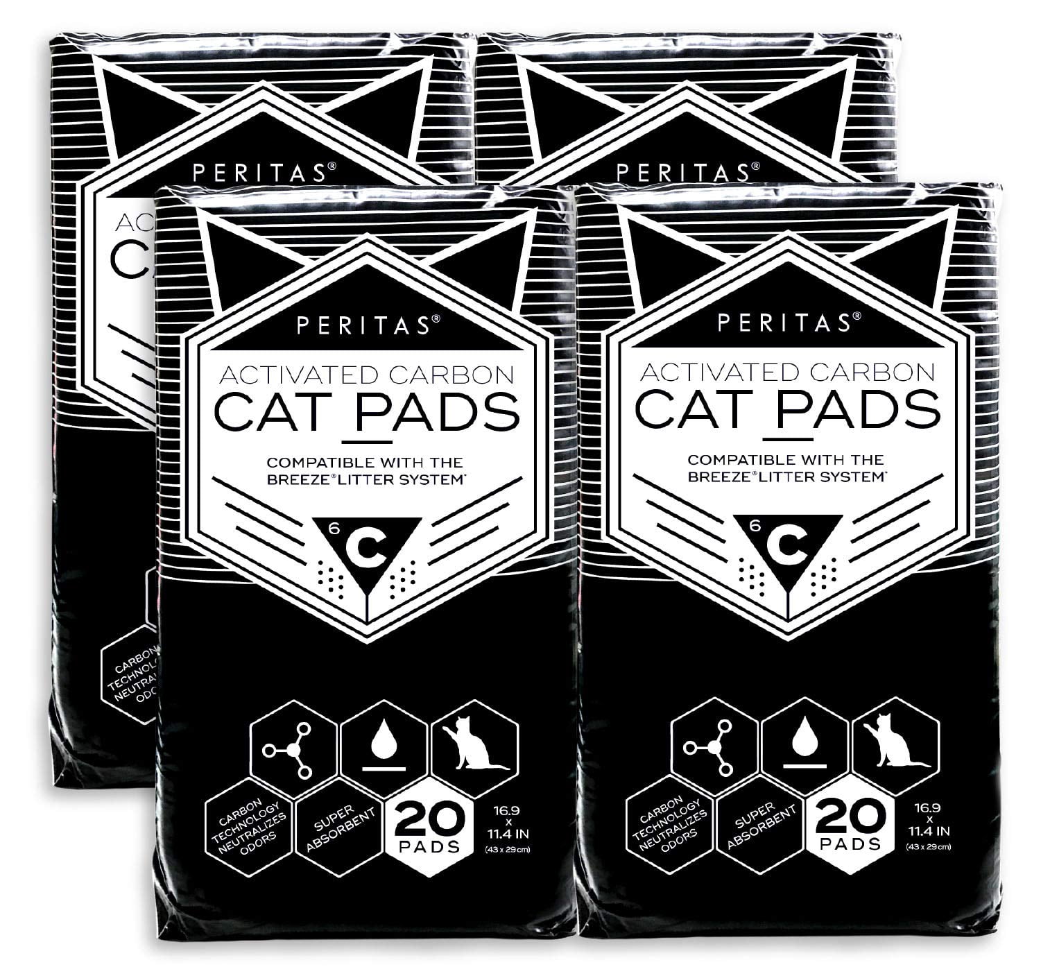 Peritas Cat Pads (Activated Carbon, 80 Count) Generic Refill for Breeze Tidy Cat Litter System* and More 16.9" x 11.4" Disposable Cat Liner Pads for Litter Box