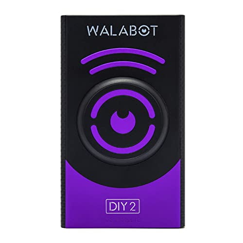 WALABOT DIY 2 - Advanced Stud Finder and Wall Scanner for Android & iOS Smartphones. A compact, black and purple device with a circular scanning design, perfect for home improvement projects. It locates wood and metal studs, tracks pipes and wires, and detects movement inside walls up to 4 inches deep. Features Wi-Fi connectivity, a rechargeable battery, and compatibility with iPhone 7 and above, Android OS 9.0 and above.